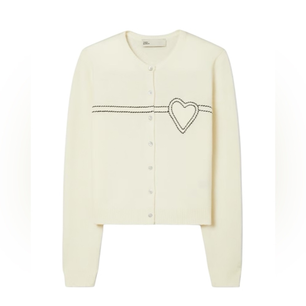 TORY BURCH HEART PICKSTITCH CASHMERE CARDIGAN, Size: Small, NWT, $350